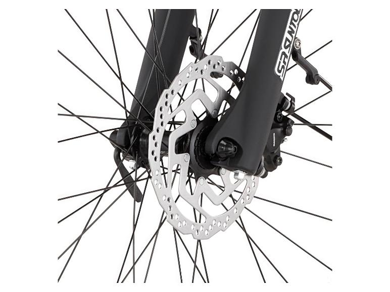 Fahrradvorderrad mit Scheibenbremse und Federgabel.