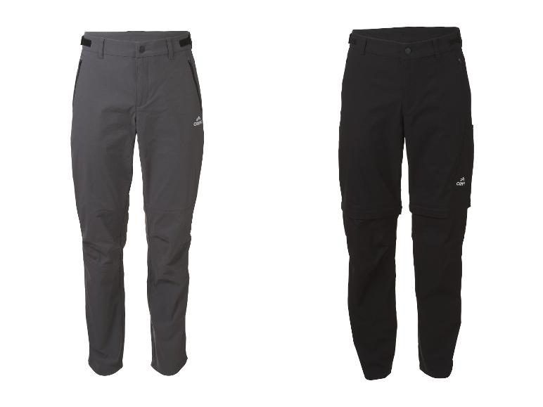 Zwei Herren-Outdoorhosen, eine graue und eine schwarze, mit abzippbaren Beinen.