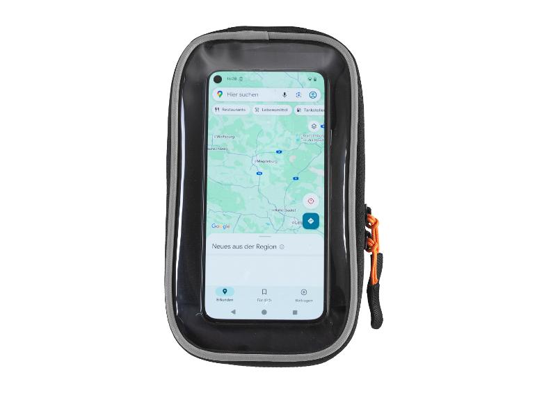 Schwarze Handyhalterung mit einem Smartphone, das eine Karte anzeigt.