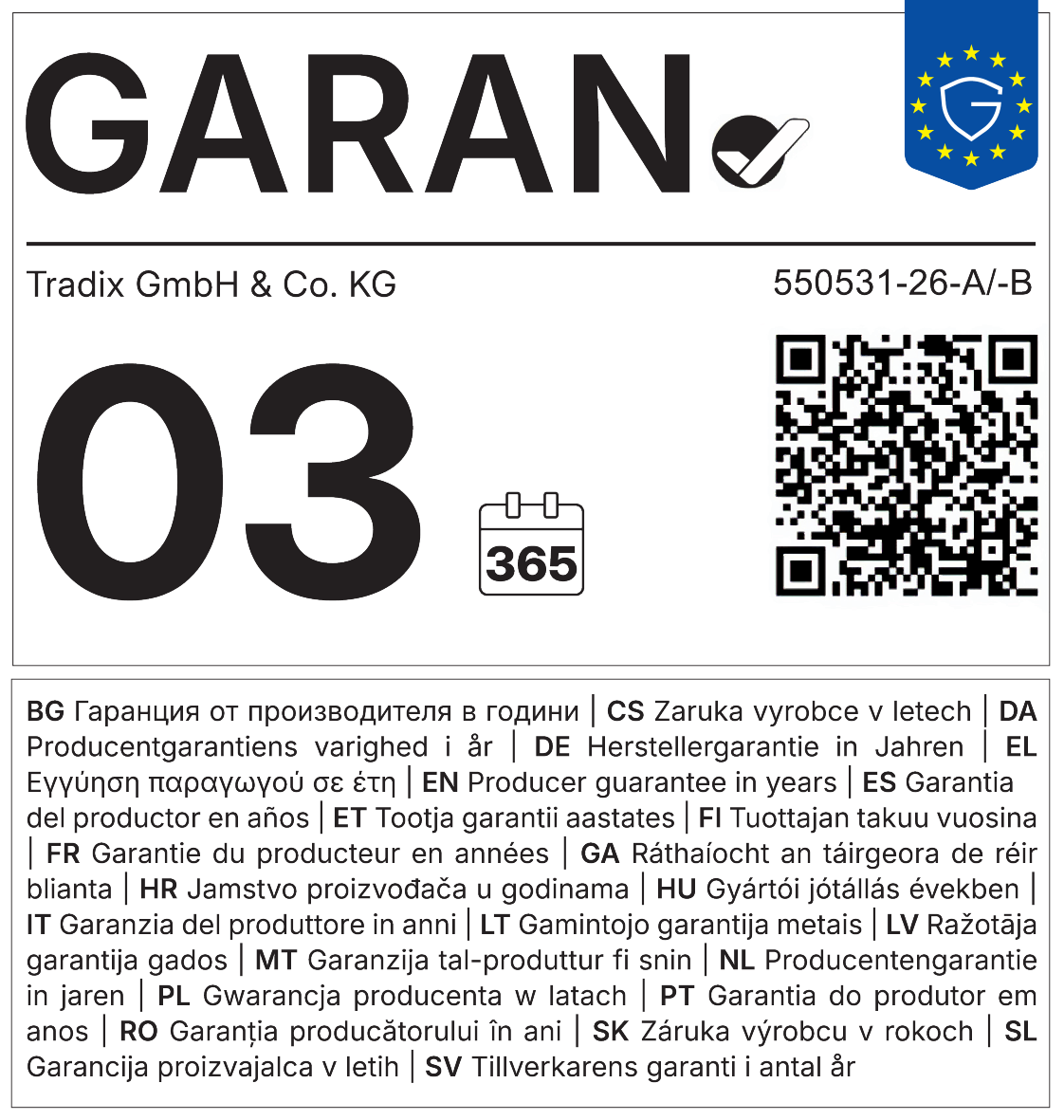 3 Jahre Garantiesiegel von Tradix GmbH & Co. KG mit QR-Code.