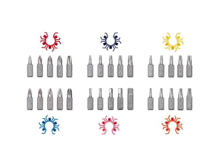 Schraubendreher-Bit-Set mit verschiedenen Größen und Typen, einschließlich Phillips, Pozidriv, Torx, Hex und Schlitz.