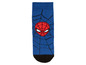 Blaue Socken mit Spiderman-Motiv.