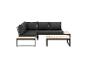 Dunkelgraues Ecksofa mit Holznebentischen