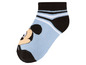 Eine blaue Socke mit Mickey Mouse und schwarzen Streifen.