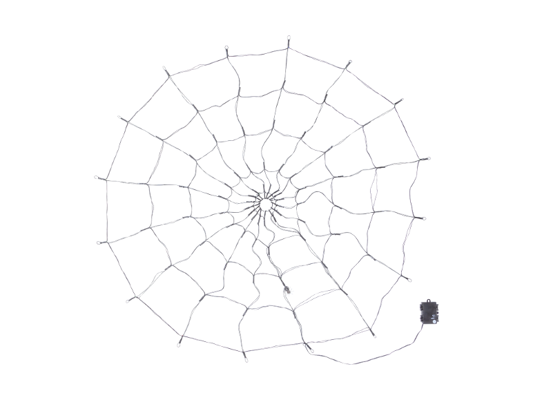 LED-Halloween-Spinnennetz-Lichterkette mit dekorativer Spinne und Batteriefach.