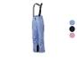 Hellblaue Skihose mit schwarzen Hosenträgern und Farbmustern.