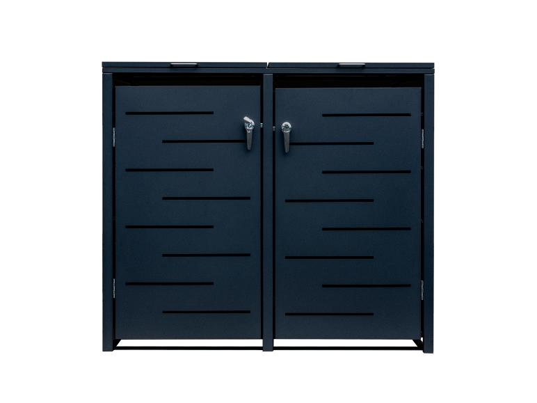 Anthrazitfarbener Metall-Doppelmülltonnenbox mit dekorativen Schlitzen.