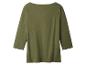 Olivgrünes Damen-Langarmshirt mit U-Boot-Ausschnitt, Rückansicht.