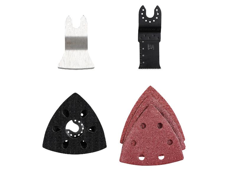 PARKSIDE Oszillierwerkzeug-Zubehör: Schaber, Sägeblatt, Schleifplatte und Schleifpapier.