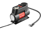 Schwarz-roter Autoluftkompressor mit Manometer und Schlauch.