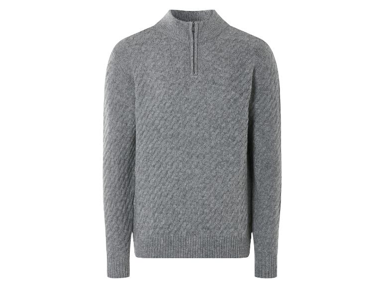 Grauer Pullover mit Reißverschluss.