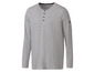 Ein graues Herren-T-Shirt mit langen Ärmeln und Knöpfen.