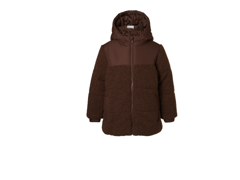 Braune Kapuzen-Teddyfleecejacke mit durchgehendem Reißverschluss.