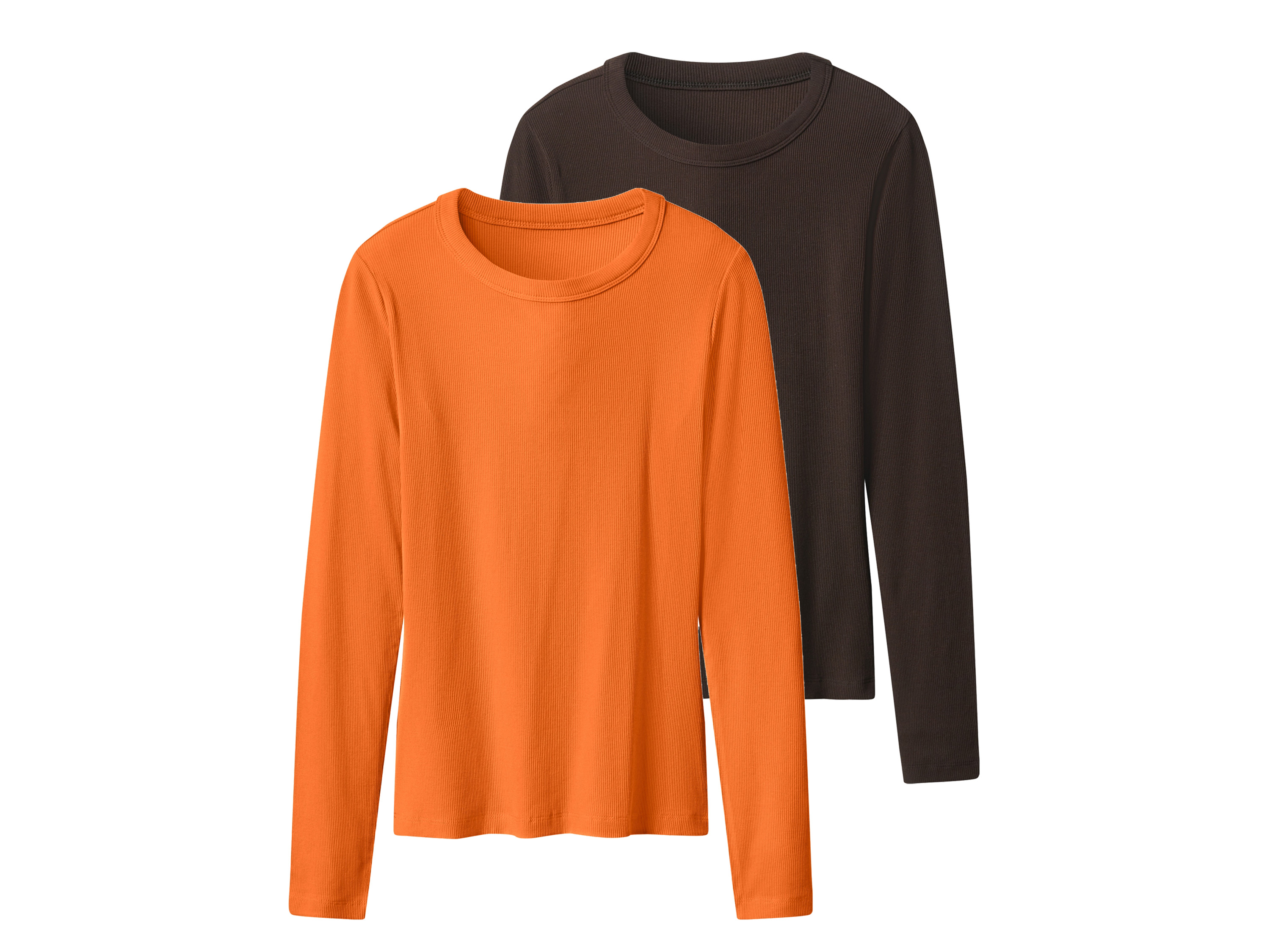 ESMARA® Damen Gerippte Langarmshirts, 2 Stück (dunkelbraun/orange, L(44/46))