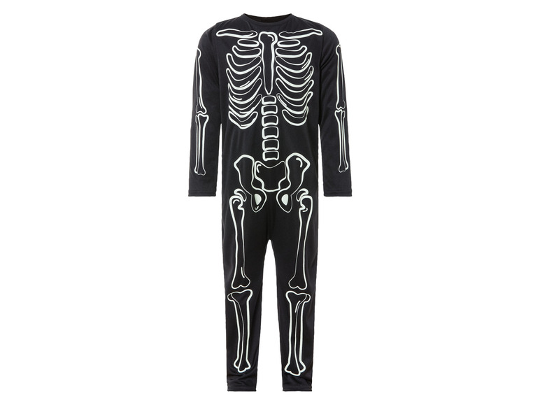 Ein schwarzer Einteiler mit Skelett-Aufdruck für Halloween.