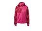 Rosa und rot gemusterte Kapuzenjacke mit Reißverschluss und Taschen.