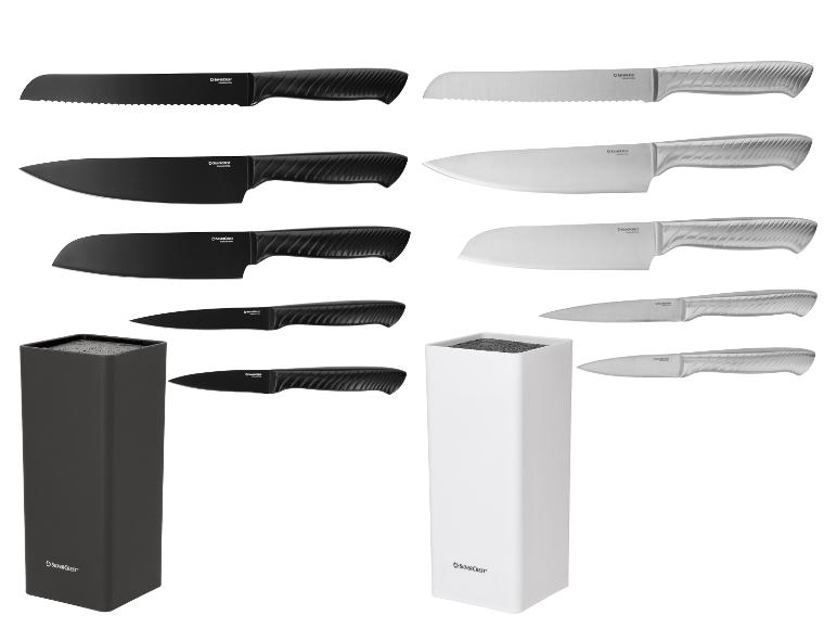 Sets schwarzer und silberner Messer mit Ständern.