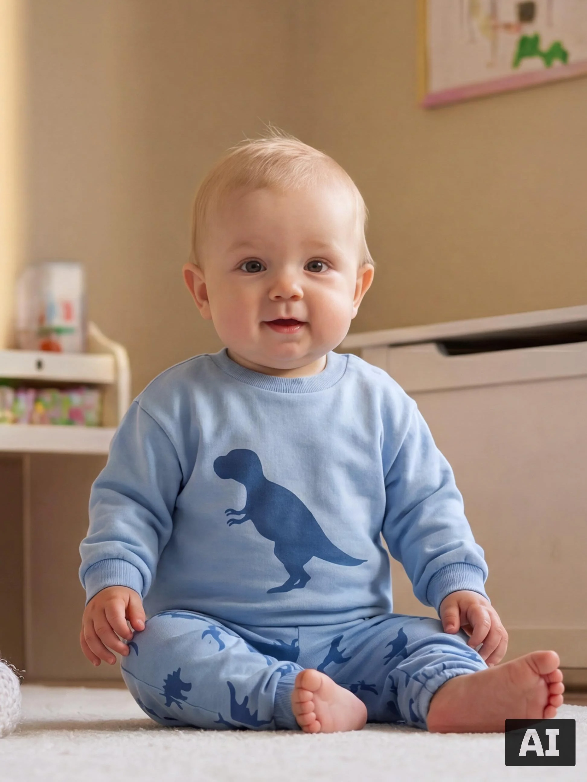 Baby im blauen Dinosaurier-Schlafanzug sitzt auf dem Boden