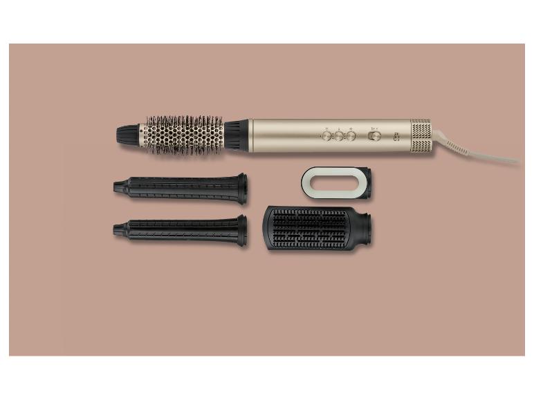 Goldene Cien Beauty Warmluftbürste mit drei austauschbaren Aufsätzen und Halterung.