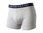 Graue Herren-Boxershorts mit dunkelblauem Bund und weißem Text.