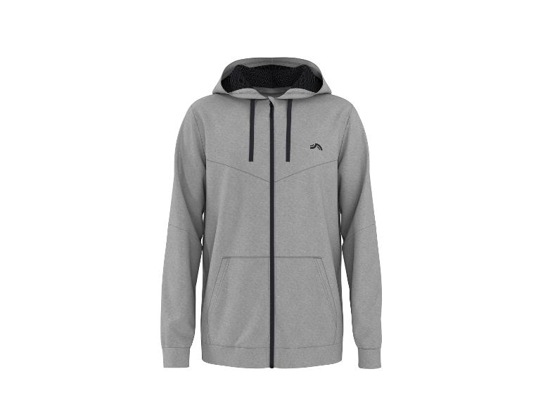 Grauer Kapuzenpullover mit Reißverschluss und schwarzem Logo auf der Brust.