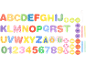Buntes Alphabet, Zahlen und mathematische Symbole für Kinder auf schwarzem Hintergrund.