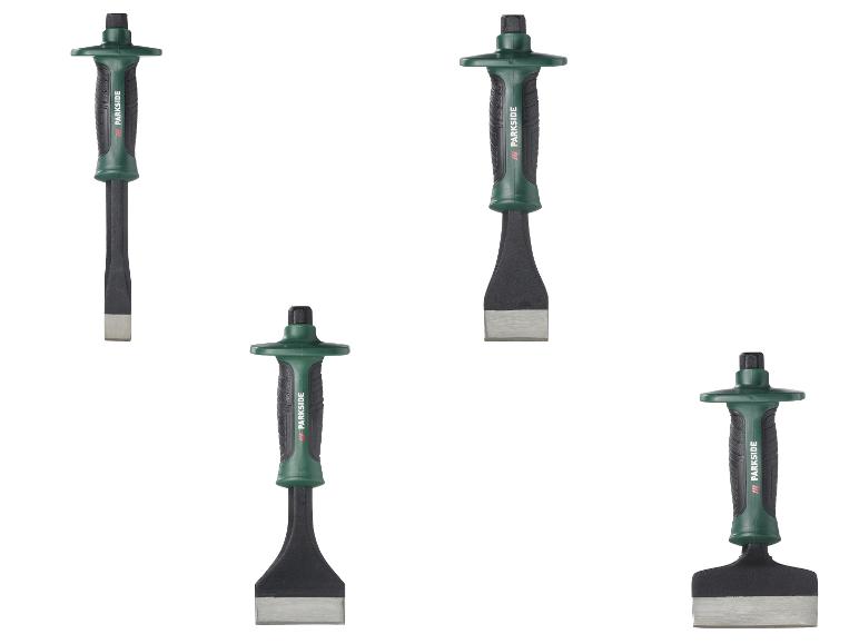 Set aus vier Meißeln mit grünen Griffen und schwarzen Handgriffen