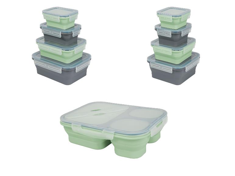 Zusammenklappbare Lunchboxen: Sets in verschiedenen Größen, hellgrün und grau.