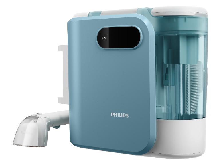 Blauer und weißer Wasserfilter mit transparentem Behälter und Ein-/Ausschalter.