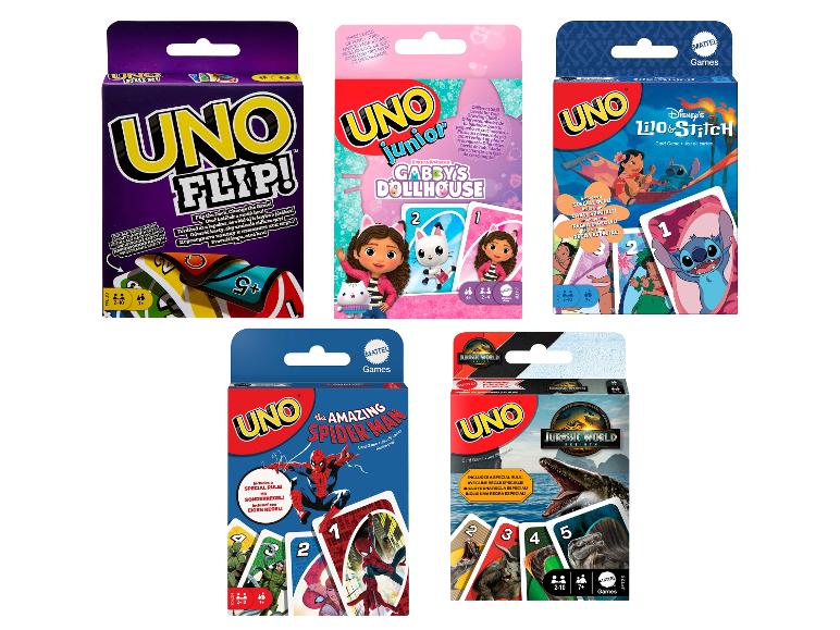 Fünf verschiedene UNO-Kartenspiele, darunter Flip, Junior Gabby's Dollhouse, Lilo & Stitch, Spider-Man und Jurassic World.
