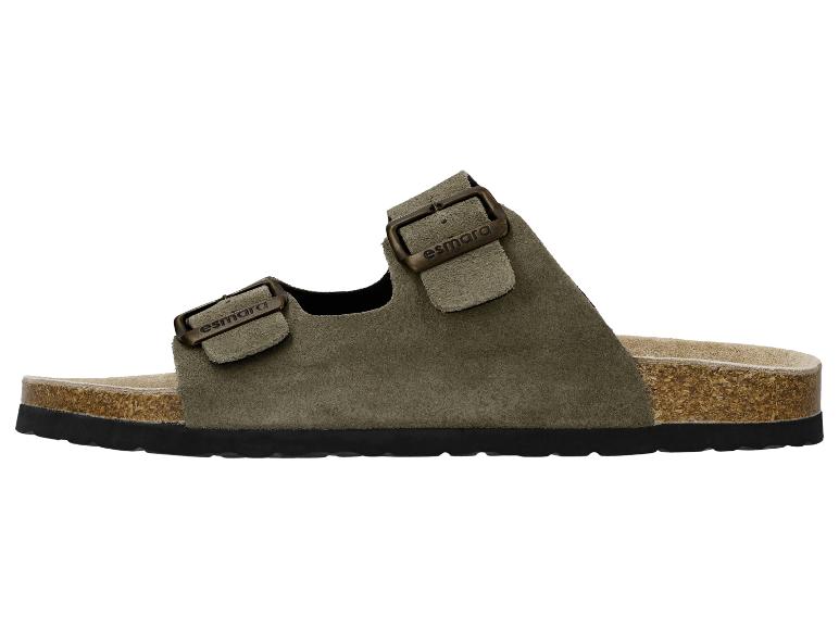 Olivgrüne Wildleder-Sandalen mit zwei verstellbaren Schnallen und Korksohle.