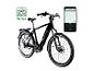 Schwarzes E-Bike mit Smartphone, das eine Navigations-App und Fahrdaten anzeigt.