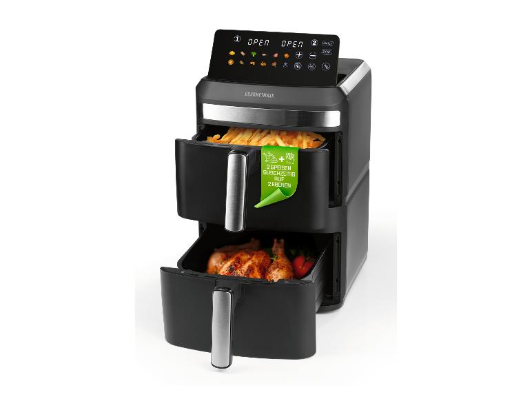 Heißluftfritteuse mit zwei Schubladen, Pommes und Hähnchen, mit dem Text „2 SPEISEN GLEICHZEITIG AUF 2 EBENEN“.
