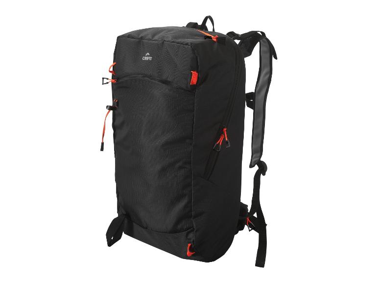 Ein schwarzer Crivit Rucksack mit orangefarbenen Akzenten, mit Schultergurten und Seitentaschen.