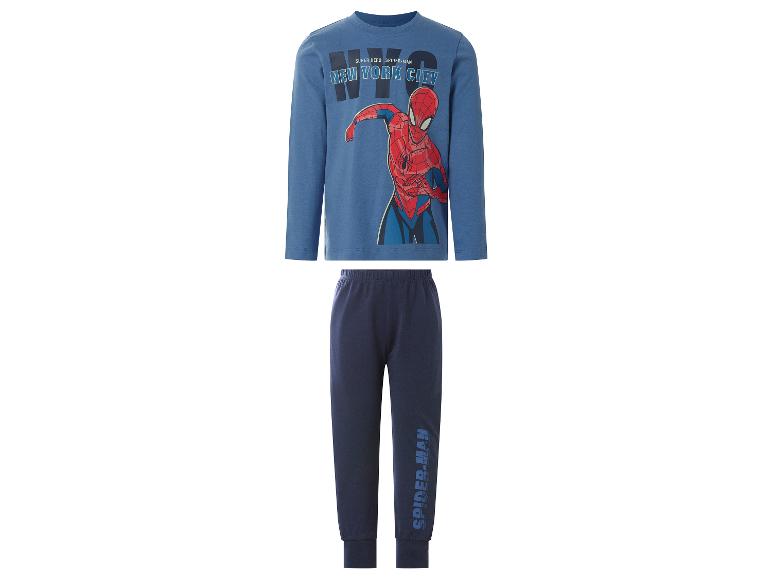 Jungen-Pyjama: blaues Langarmshirt mit Spider-Man-Grafik und dunkelblaue Hose.