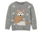 Grauer Pullover mit Fuchs- und Schneeflocken-Motiv.