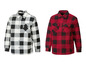 Zwei karierte Flanellhemden, eines weiß mit schwarz, das andere rot mit schwarz.