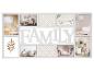 Weißer Fotorahmen mit mehreren Öffnungen, der „FAMILY“ buchstabiert, mit verschiedenen Bildern von Wohnaccessoires.