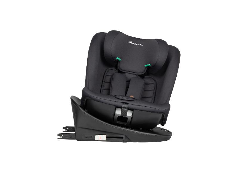 Schwarzer Kindersitz mit verstellbarer Kopfstütze und Sicherheitsgurten.