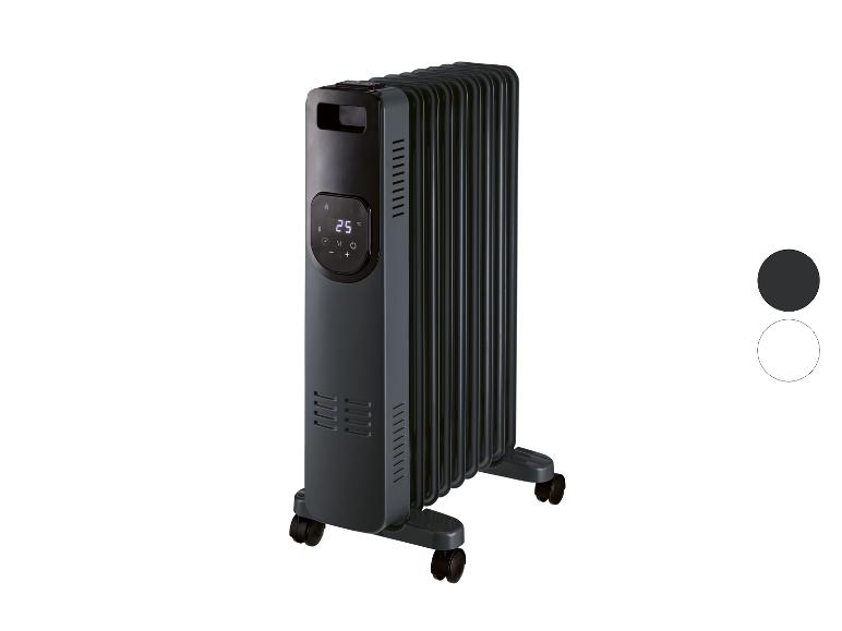 Dunkelgrauer Ölradiator mit Digitalanzeige, die 25°C anzeigt.