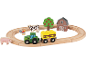 Hölzernes Bauernhof-Eisenbahnset mit Traktor, Wagen, Tieren, Baum und Scheune auf Gleisen.