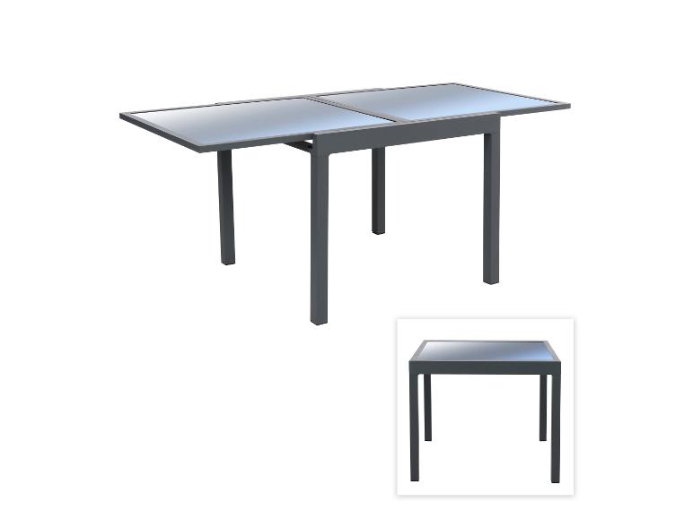 Ausziehbarer Gartentisch mit dunkelgrauem Gestell und zwei Glasplatten, ausgefahren und kompakt dargestellt.