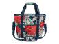 Kühltasche mit rotem Blumen- und grünem Blattmuster, mit Griffen und Schultergurt.