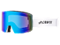 Blaue verspiegelte Skibrille mit weißem Band und schwarzem Logo.