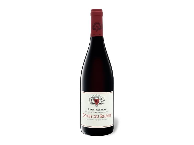 Eine Flasche Rémy Ferbras Côtes du Rhône Rotwein mit rotem Etikett und Folie.
