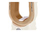 Nahaufnahme eines rotorlosen Ventilators in Gold und Weiß mit Fernbedienung.