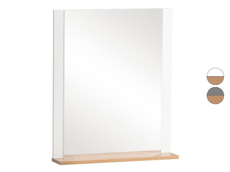 Rechteckiger Wandspiegel mit weißem Rahmen und heller Holzablage.