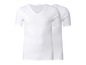 Zwei weiße T-Shirts mit kurzen Ärmeln und V-Ausschnitt.