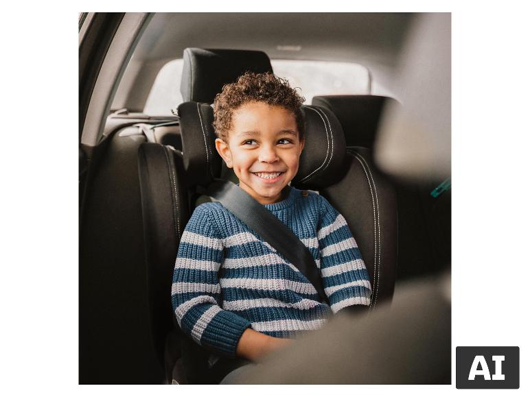 Lächelndes Kind im Auto, sicher angeschnallt im BABYGO Kindersitz Freemove I-Size. [KI-generiertes Bild]