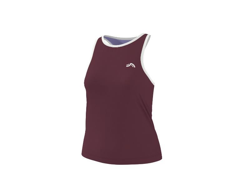 Bordeauxrotes ärmelloses Sporttop mit weißem Besatz und kleinem weißem Logo.